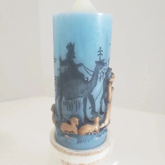 1980s Christmas Adoration Nativity Silhouette Scene Blue Candle with Stand. - Picture 2 of 11